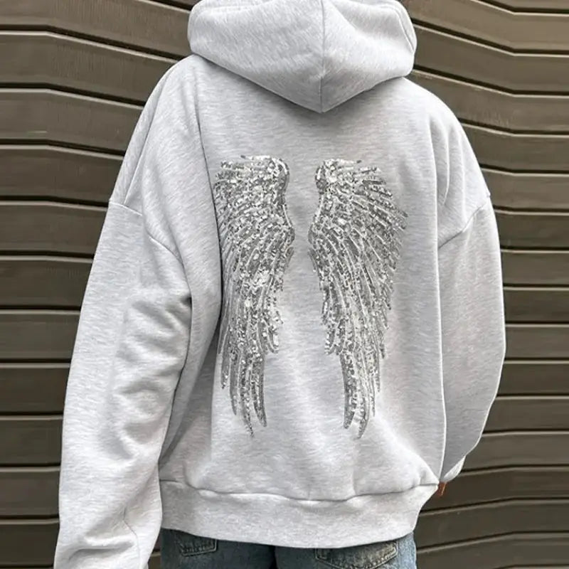 GlamAura Shinny Sequin Angel Wings Hooded Jacket Loose Casual Pullover With Dazzling Embellishments