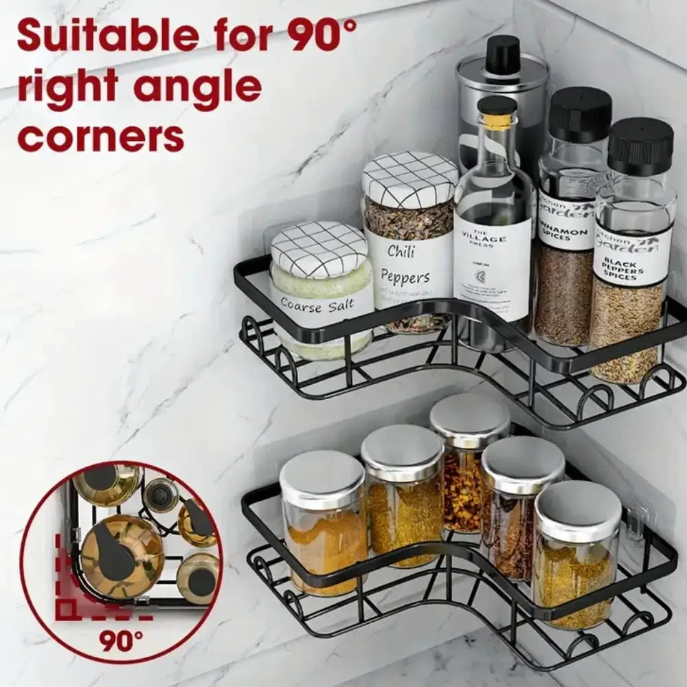 Two black stainless steel triangle corner shelves with no-drill, double-layer design for bathroom and kitchen storage.
