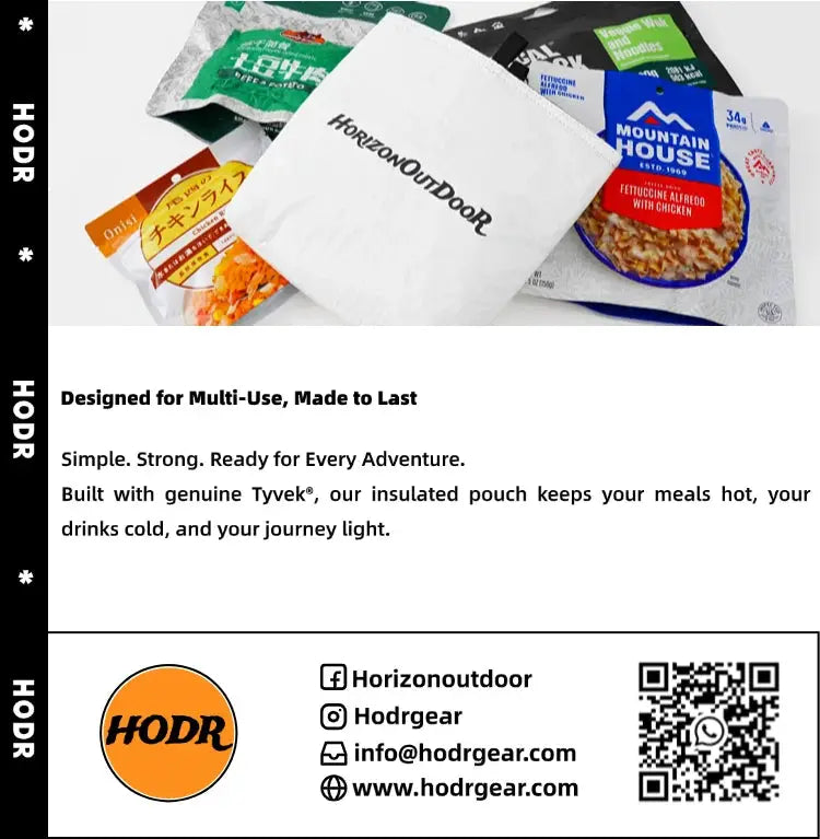 Outdoor Tyvek insulated food pouch by Simples Market HODR GEAR, ultralight and tear-resistant with assorted meal packs.