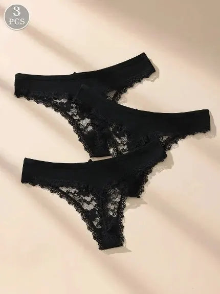 3-pack black lace low-rise panties with scalloped edges