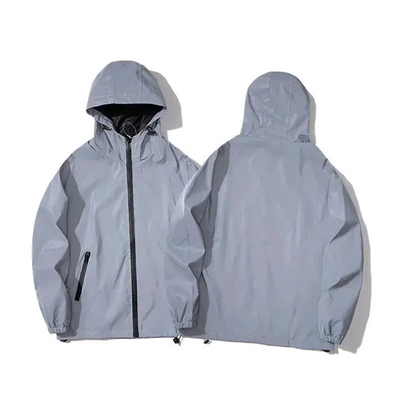 Pair of light-gray hooded jackets in polyester with front zips and side pockets