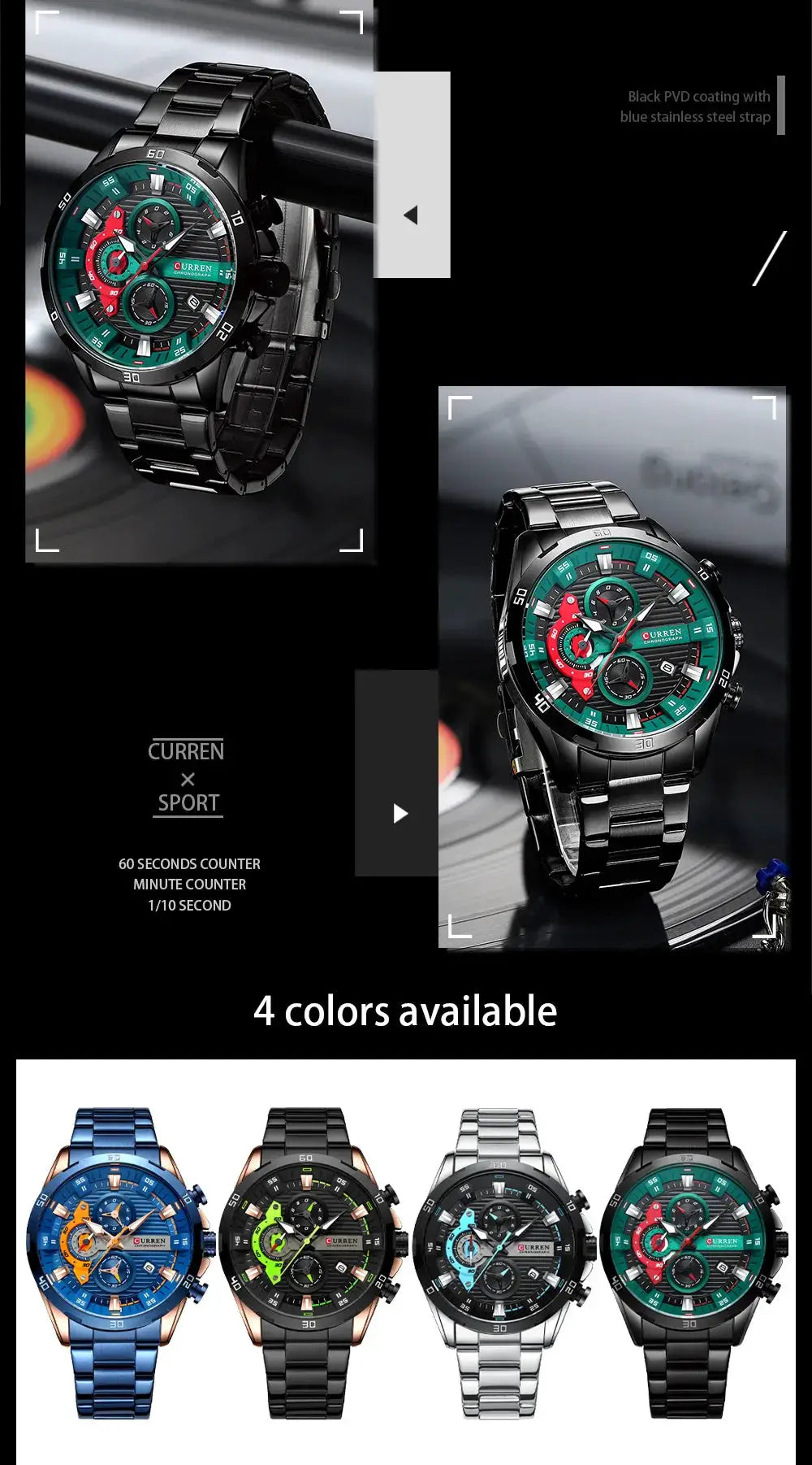Curren 8402 men's stainless steel chronograph watch with luminous teal dial and red subdials on a black bracelet