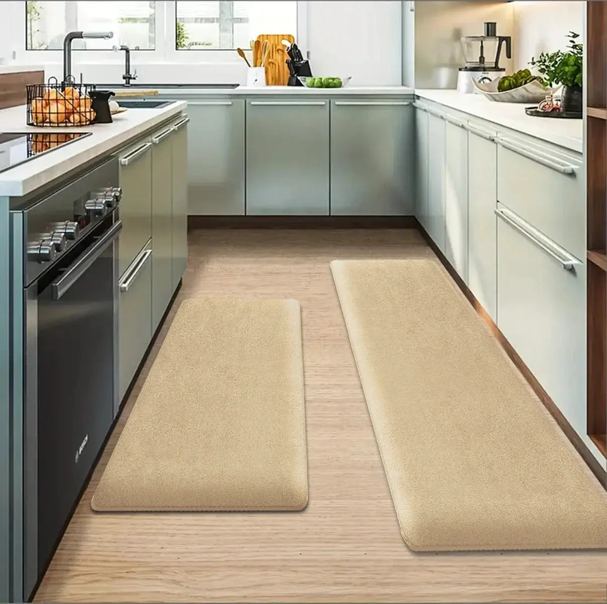 Kitchen floor mats beige flannel, Simples Market, two thick non-slip absorbent mats