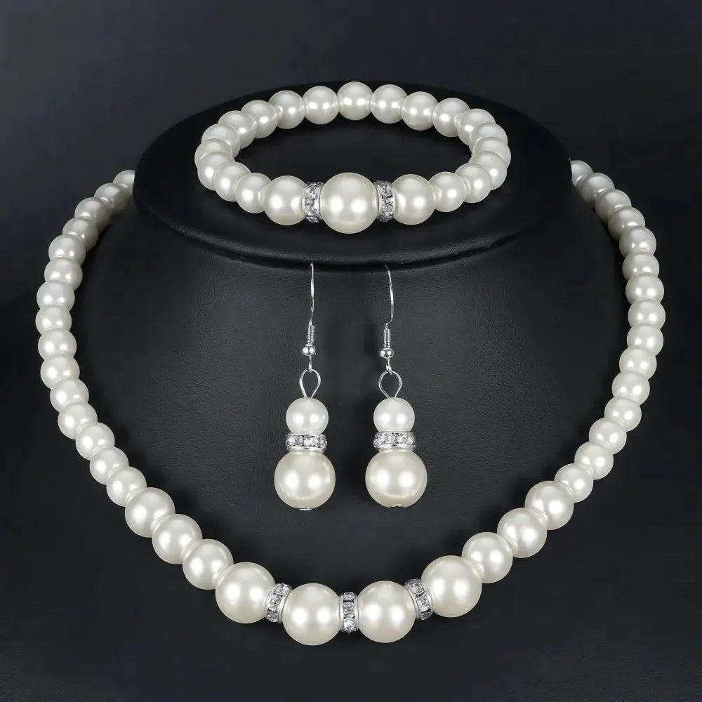 3 Piece Imitation Pearl Fireball Necklace Bracelet Earring Stud Jewelry Set For Women Silver Crystal Bridal Gift