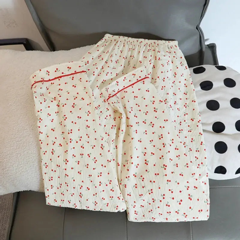 Autumn Cherry Pajama Set for Women Soft Polyester Knit Two Piece with Lapel Cardigan and Ankle Pants