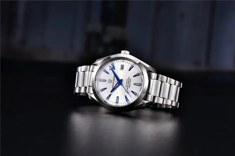 PAGANI DESIGN A150 stainless steel 40mm men's watch with white dial, blue hands, sapphire glass, 100M water resistance