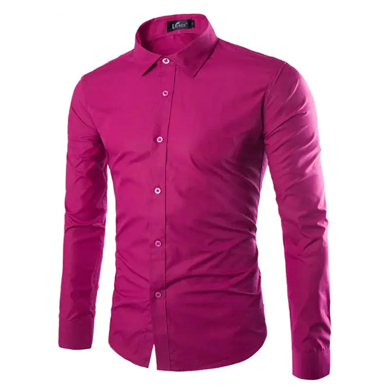 Men's long-sleeve button-down shirt in candy magenta, solid color with slim fit, casual fashion for men
