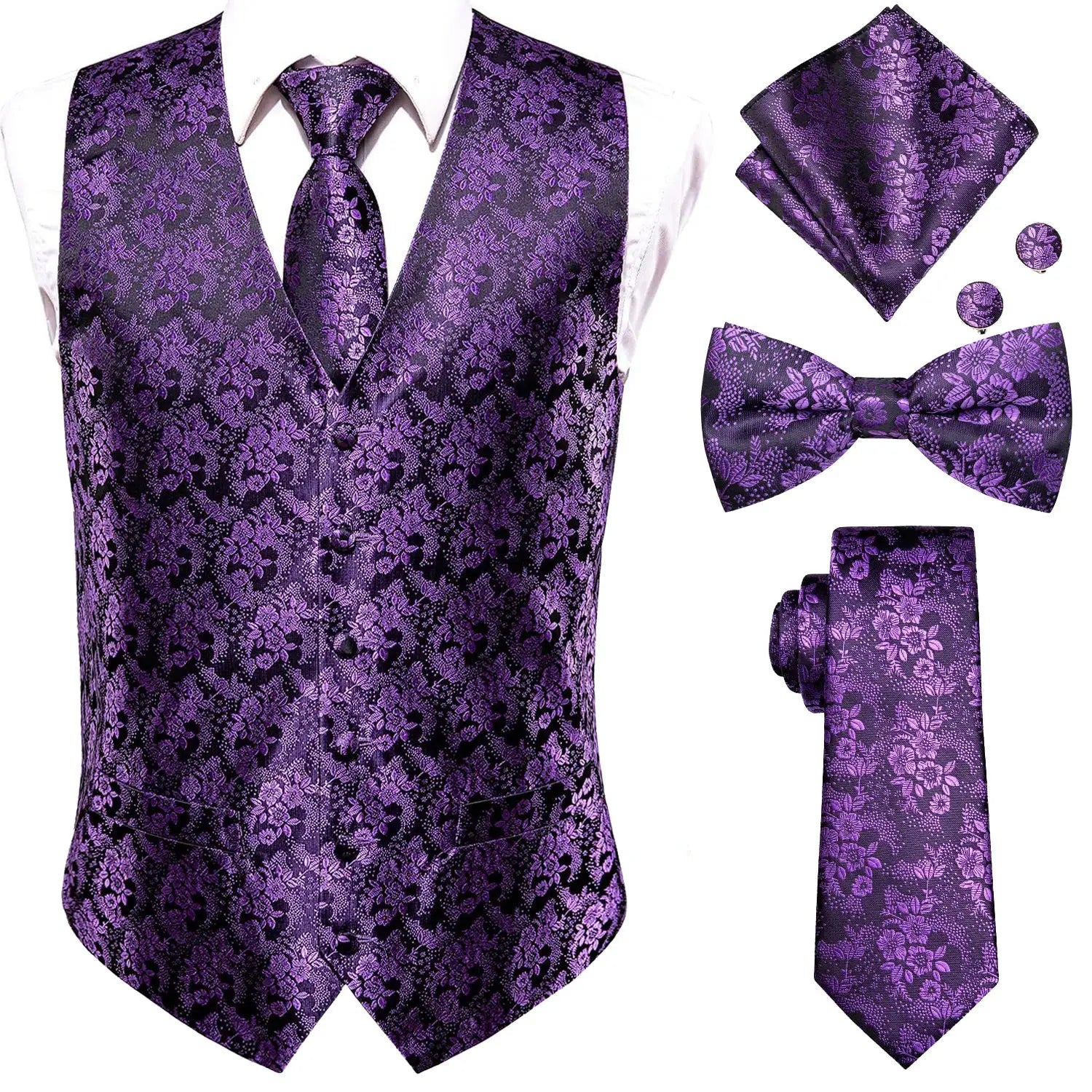 Simples Market 5-piece men's purple floral waistcoat set with vest, necktie, bow tie, pocket square and cufflinks.