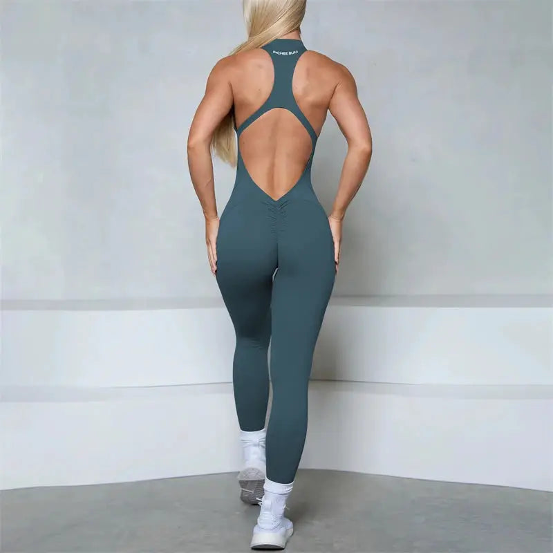 Simples Market women's teal sleeveless bum-scrunch jumpsuit with open back and racerback straps