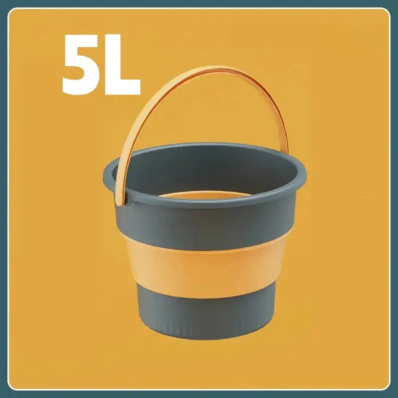 Folding 5L silicone bucket with blue body, yellow middle band and curved orange handle