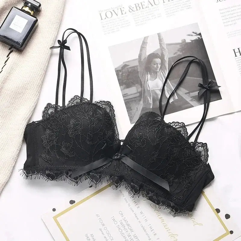 Simples Market black lace floral embroidery bralette with adjustable straps and bow detail