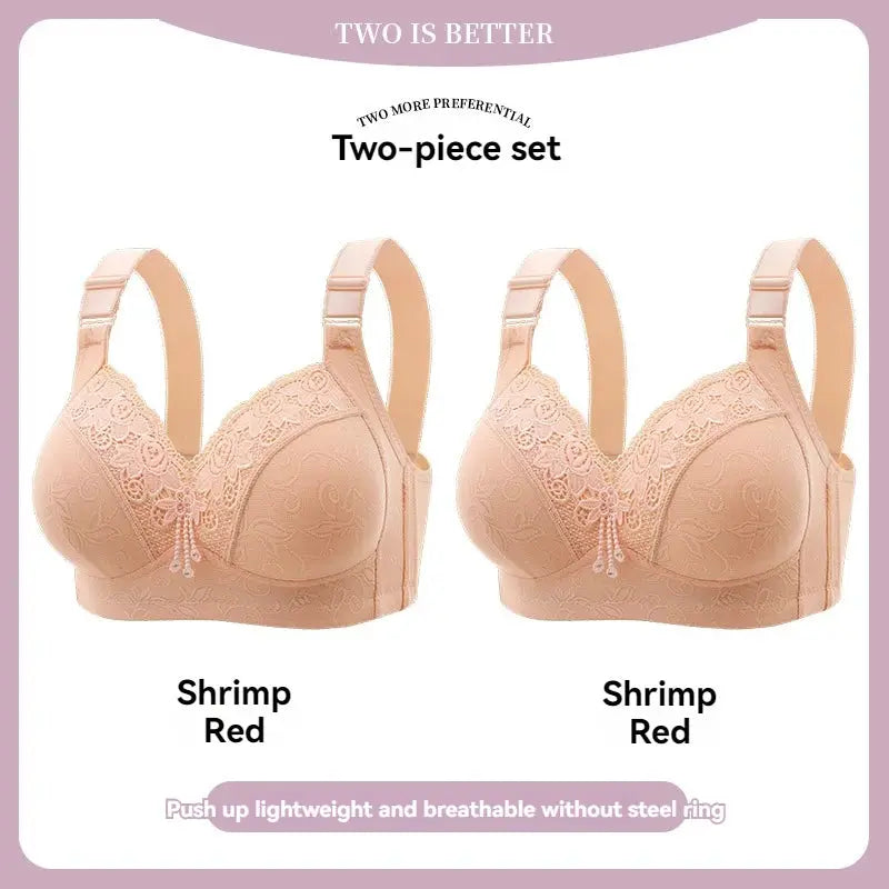 Two peach lace bralettes in a two-piece set; adjustable straps and deep-V floral lace cups