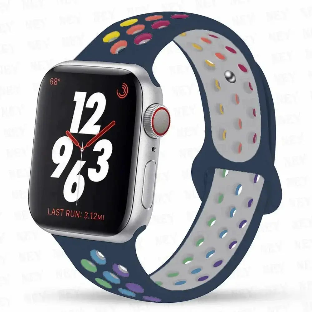 Apple Watch silicone sport strap Pride bracelet by Simples Market, blue with rainbow perforated holes