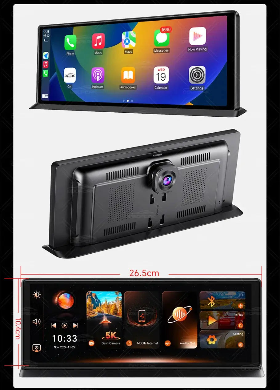 Simples Market OBDPEAK K8 Pro dash cam with 11.3-inch touchscreen, black, CarPlay & Android Auto, GPS