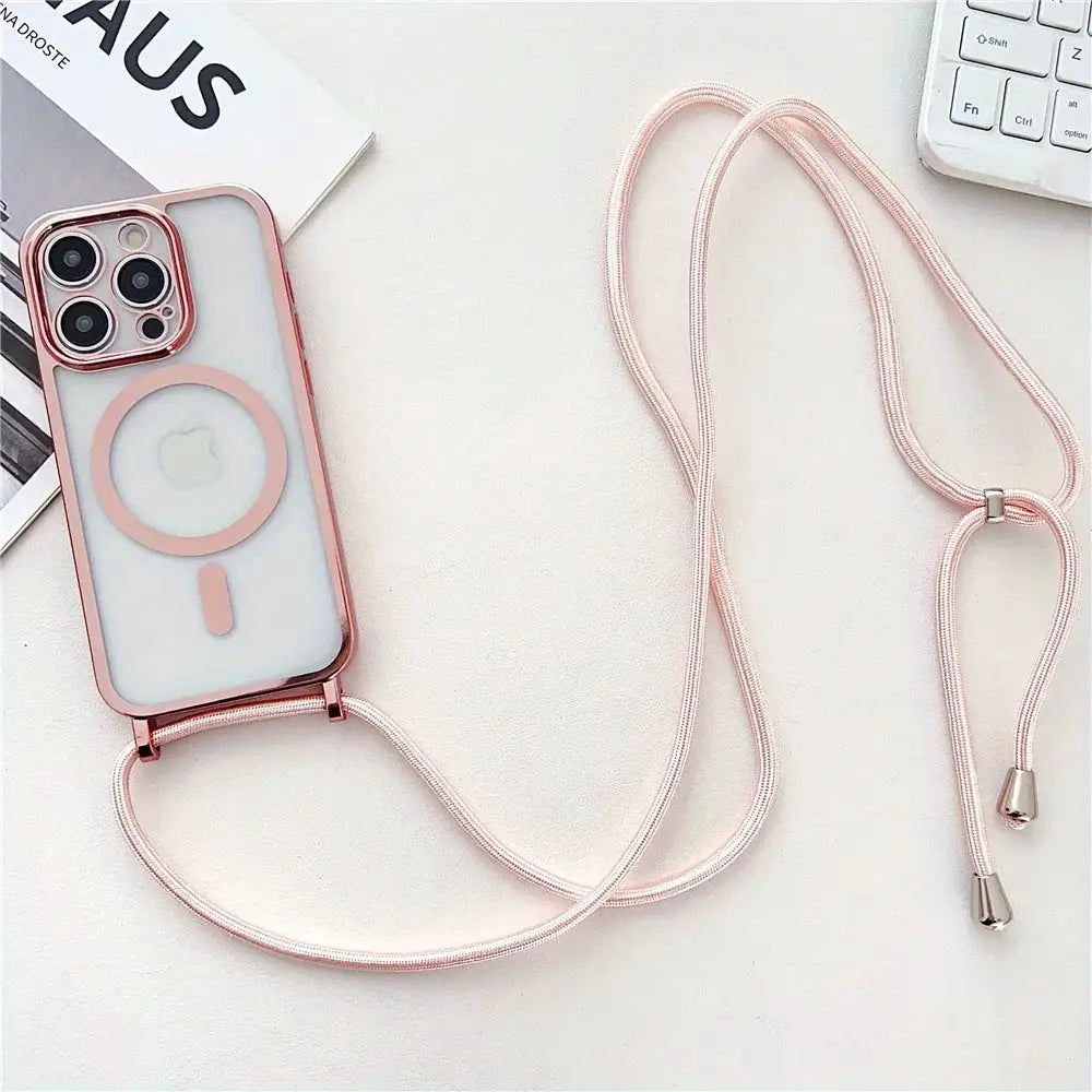 Pink crossbody lanyard phone case for iPhone with metallic frame and MagSafe compatibility
