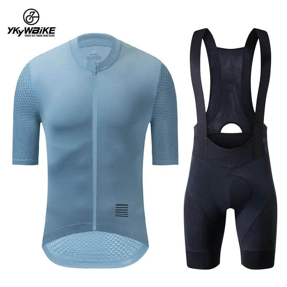 YKYWBIKE two-piece cycling jersey set: light blue short-sleeve jersey with mesh-pattern sleeves and black bib shorts