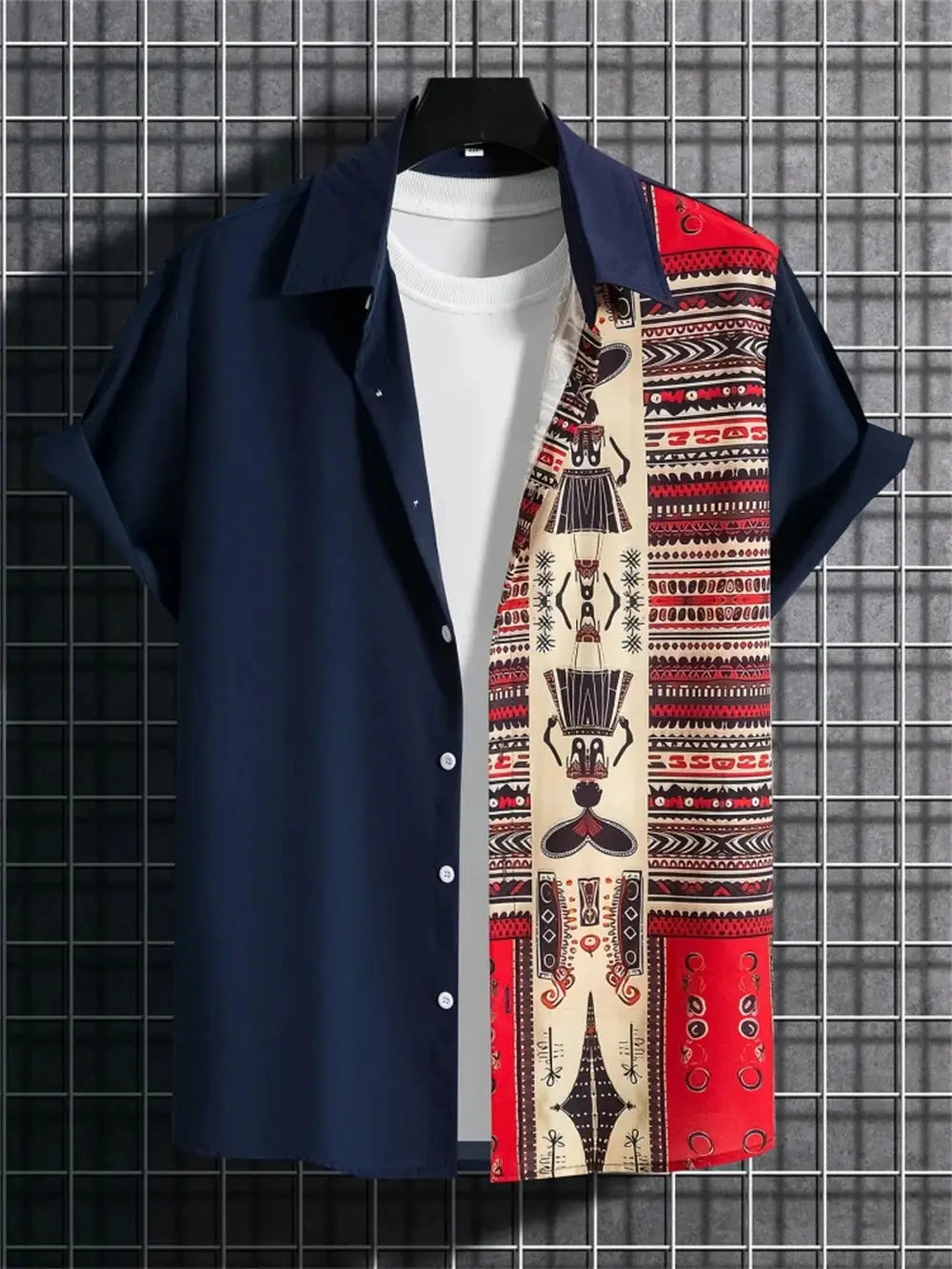 Men's short-sleeve shirt; navy blue body with beige-red tribal print front panel.