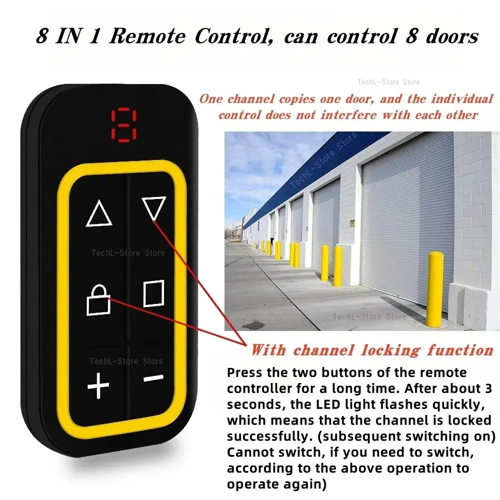 8-in-1 garage door remote by Simples Market, black body with yellow outer frame and white button icons