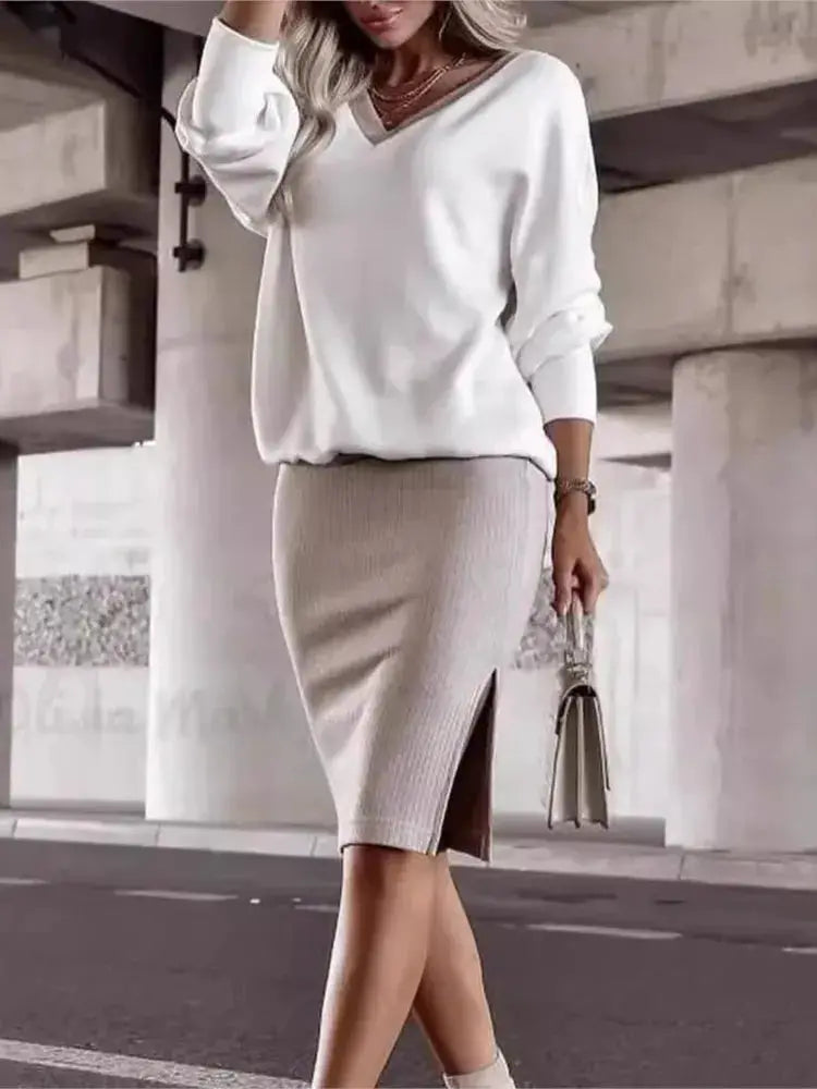 Autumn Winter Two Piece Set Loose V Neck Sweatshirt And Tight Skirt