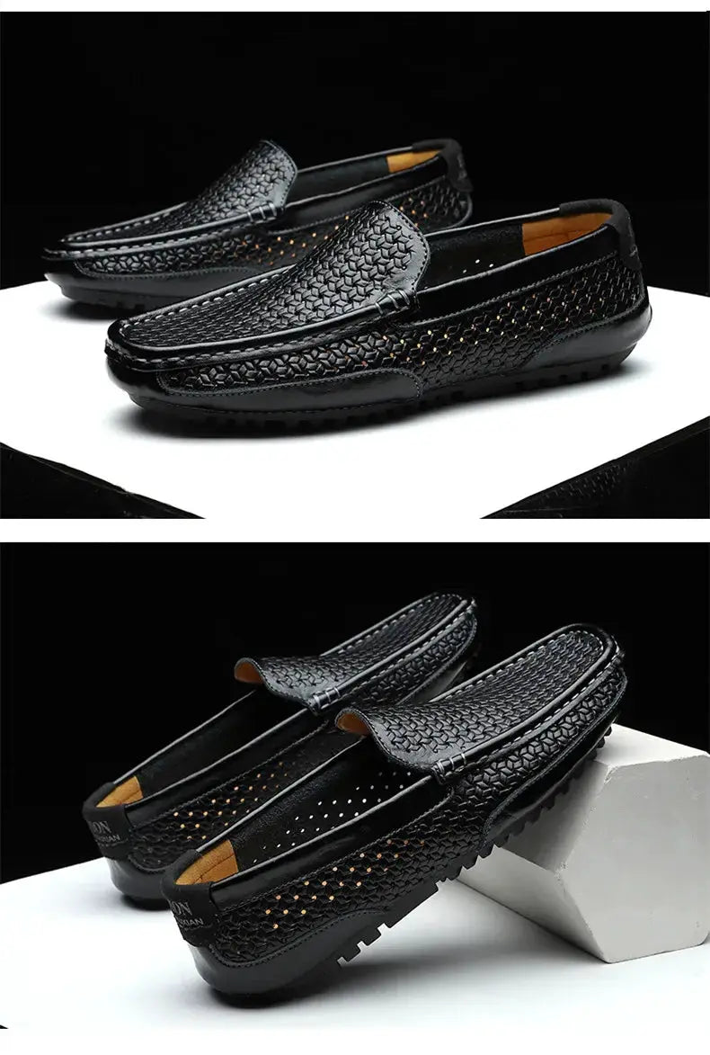 Leather loafers by Simples Market, a pair in black genuine leather with woven hollow-out upper and breathable slip-on design