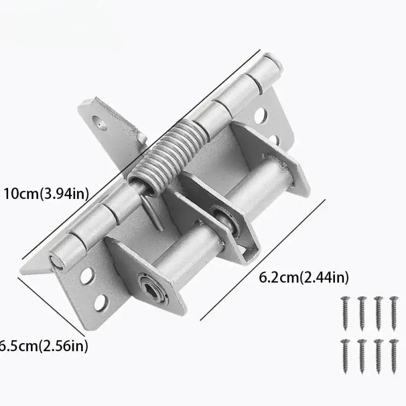 3-in-1 automatic self-closing door hinge with spring, closer and stopper; silver metal; includes mounting screws.