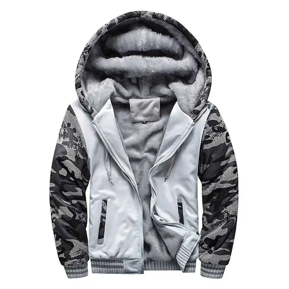 Men's camouflage-sleeve winter jacket with a fur-lined hood, grey body, front zip, and zippered pockets