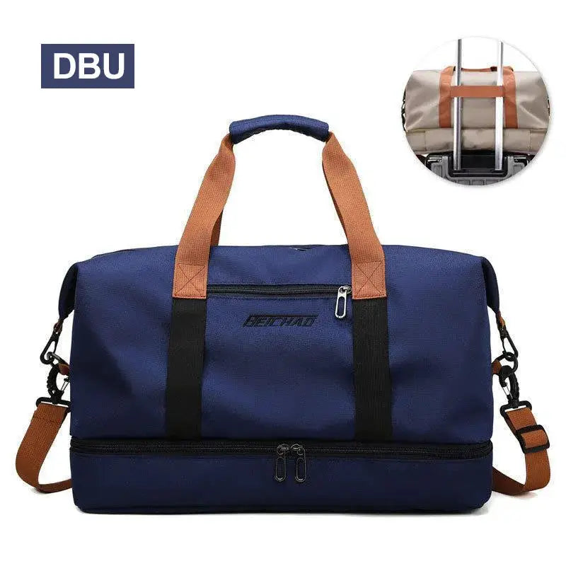Travel gym bag blue duffle with tan handles and crossbody strap; DBU logo visible