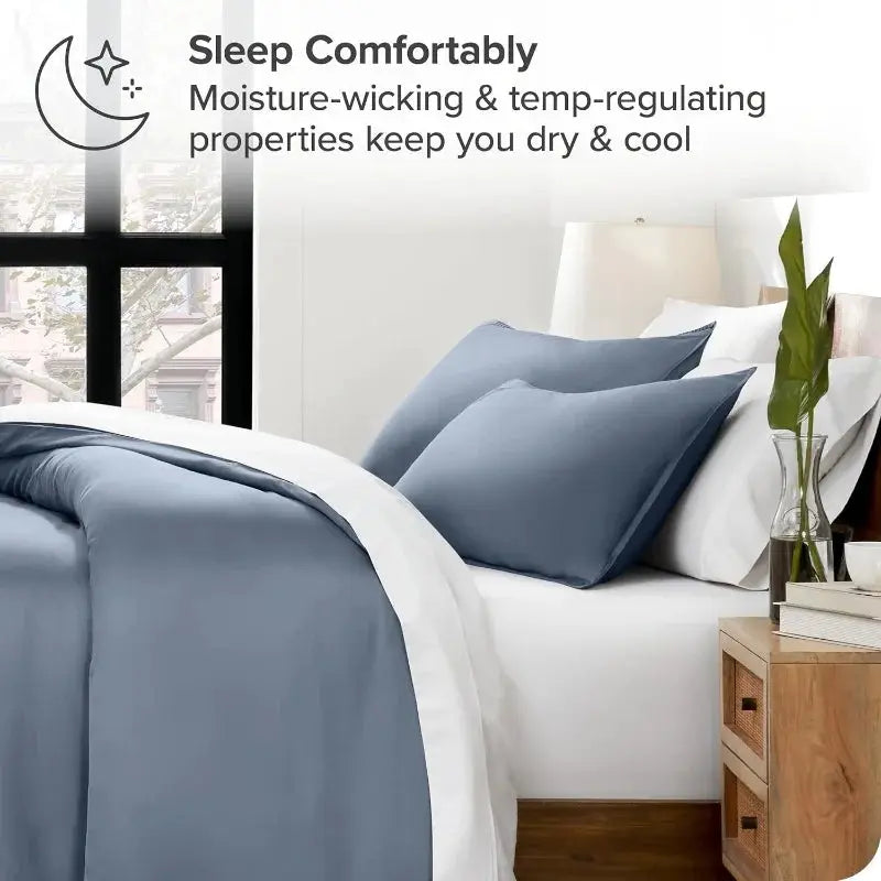 Simples Market Summer Cooling Duvet Cover Set 3pc in blue-gray lyocell bamboo on bed with white sheets