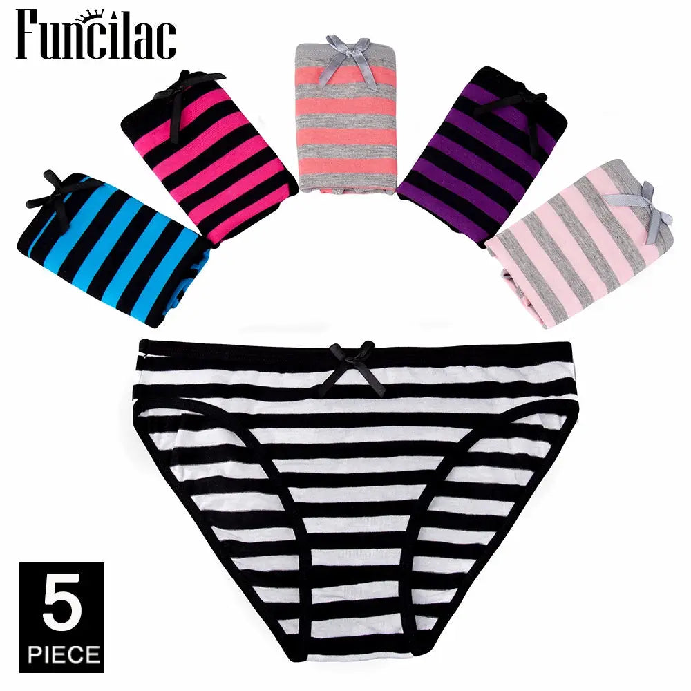 Funclac 5-piece striped cotton panties set for women; bikini briefs in black/white with assorted colors