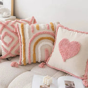 Set of 3 pink cotton tufted pillow covers with tassels for boho chic sofa decor