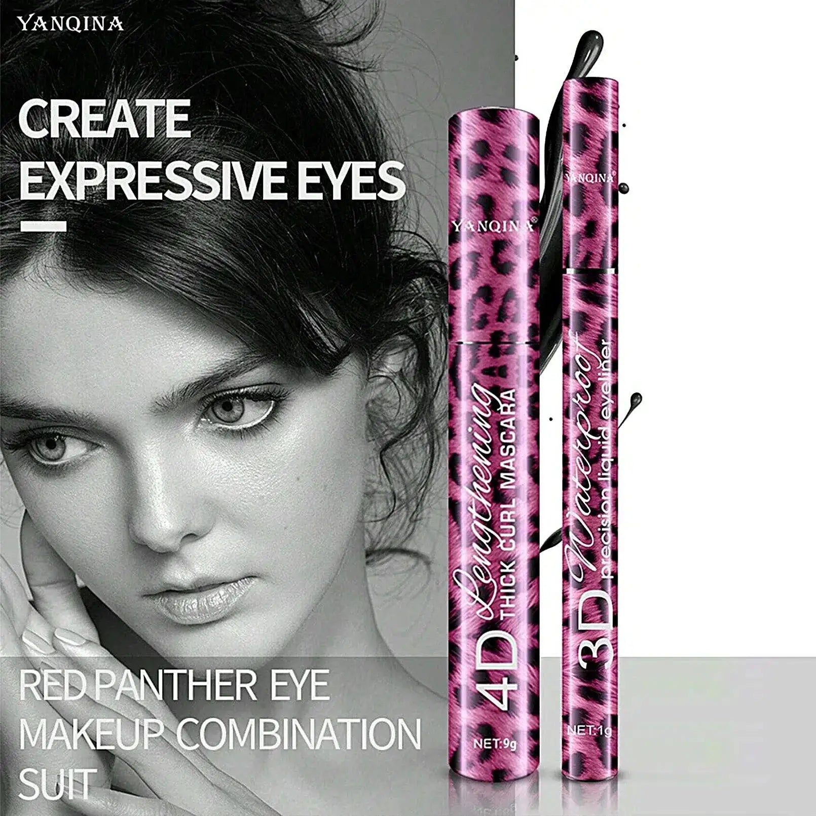 YANQINA All-In-One Eye Makeup Set With 4D Waterproof Eyeliner Pencil Thick Curling Mascara Defining Eyebrow Pencil