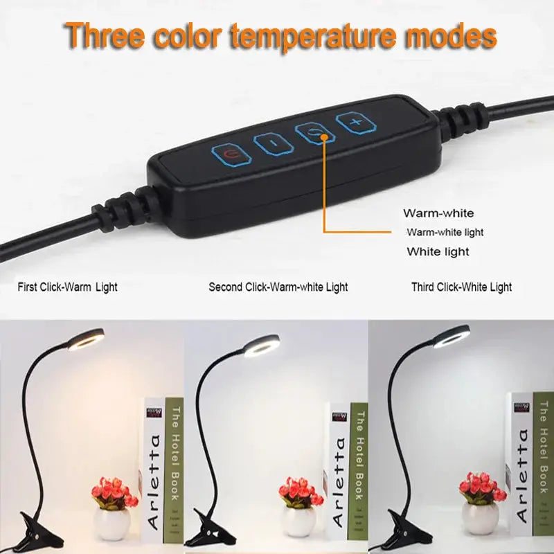 LED Ring Clamp Lamp by Simples Market in black, USB-powered with 360° rotatable gooseneck and 3-level color temperature