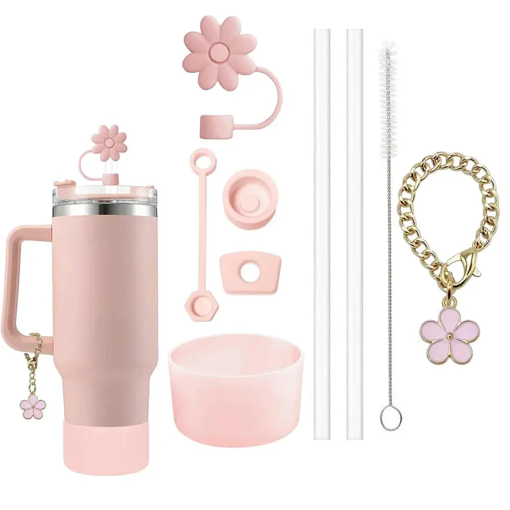 9 Piece Stanley Cup Accessories Set With Flower Spill Proof Stoppers 2 Straws And Brush And Flower Charm Chain