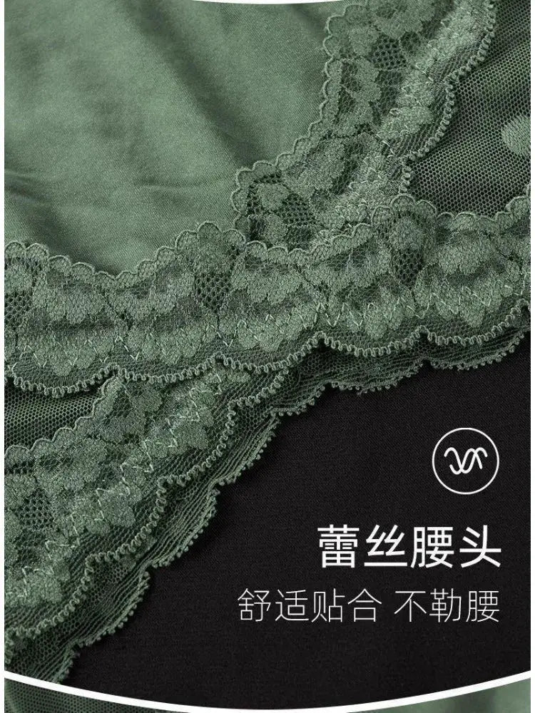 Lace high-waist panties by Simples Market in green with floral lace trim, breathable mesh