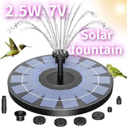 Outdoor solar fountain pond pump kit with 6 nozzles; black base and blue solar panel