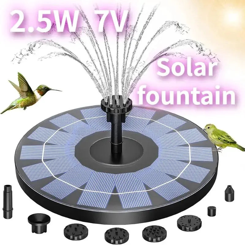 Outdoor solar fountain pond pump kit with 6 nozzles; black base and blue solar panel