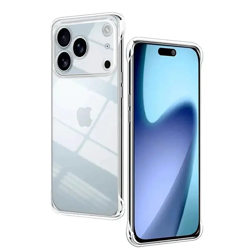 Frameless clear PC iPhone case by Simples Market; transparent slim protection, shown on 2 phones