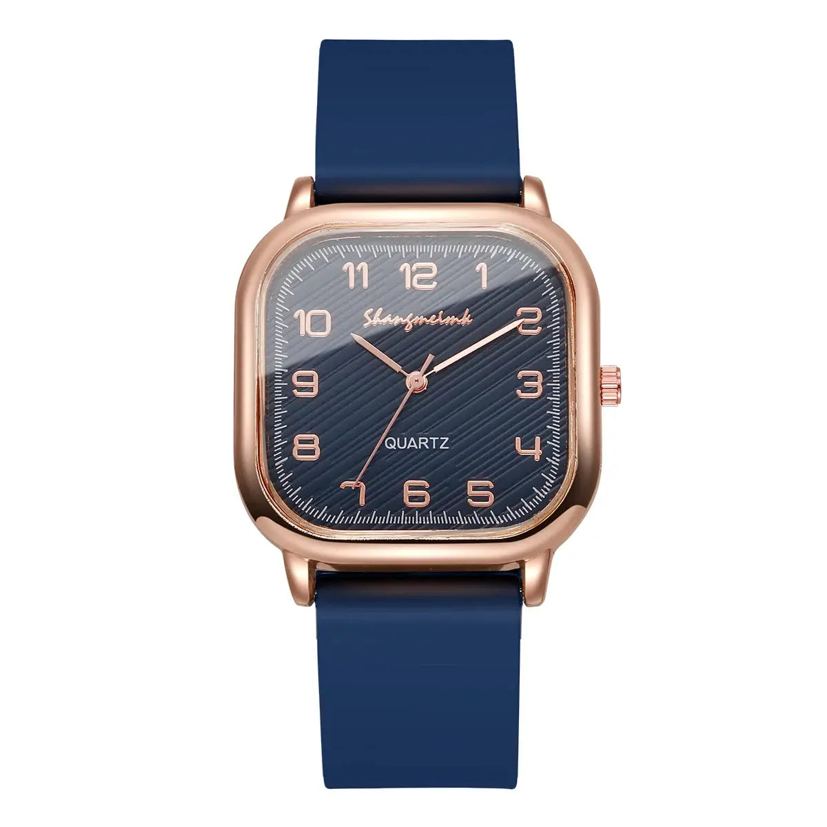 Fashion square women’s quartz watch with rose-gold case, navy dial, and blue silicone strap