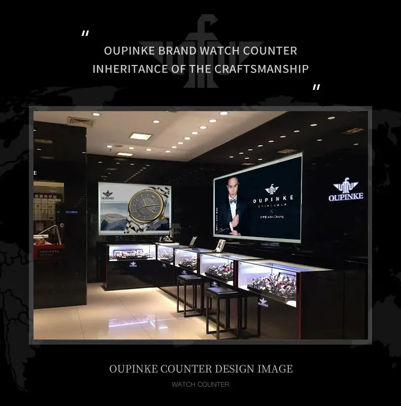 OUPINKE 3251 men’s skeleton automatic watch showroom display with glass counters and brand signage
