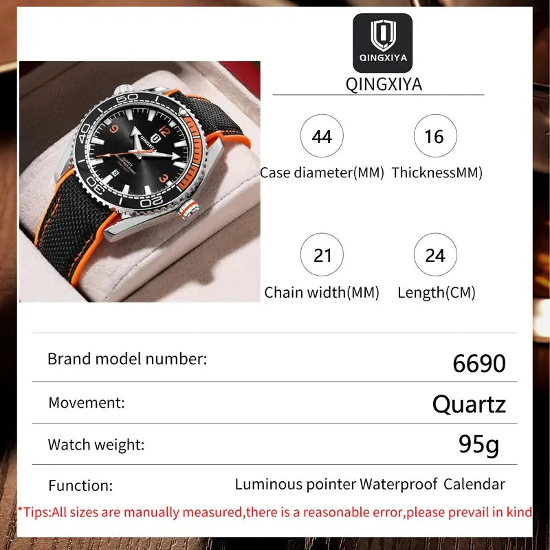 Qingxiya Men Quartz Sport Watch With Silicone Strap Luminous Dial Calendar Waterproof