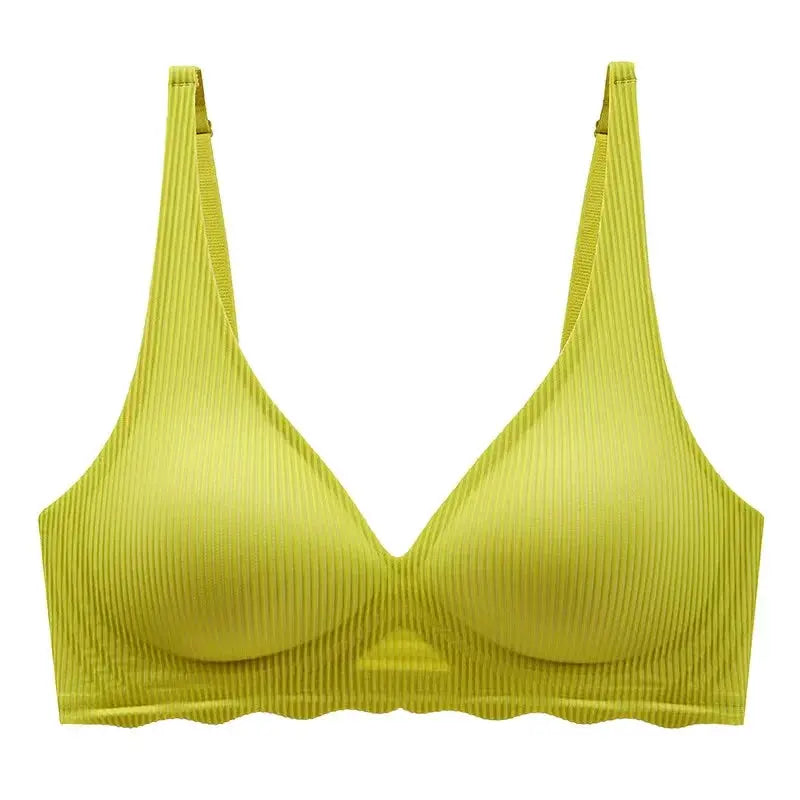 Simples Market seamless women's bra in lime-green striped fabric with non-removable cups