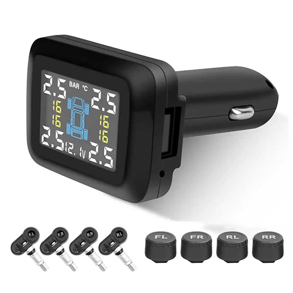 Car TPMS monitor by Simples Market, black cigarette-lighter unit with 4 sensors and 4 valve caps