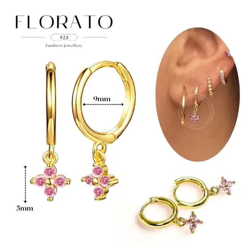 Hoop earrings: Florato 925 gold-tone hoops with pink zircon flower pendants, fashion wedding jewelry