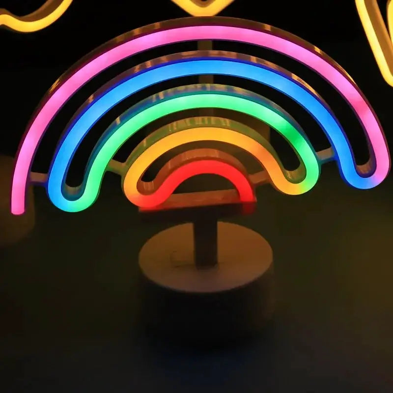 Neon rainbow sign USB LED decoration on stand; multicolor arched night light for kids' room