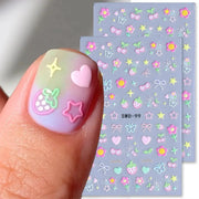 Nail art stickers set by Simples Market, 2pc Sweet Element on pastel purple sheets with flowers, hearts, bows, cherries