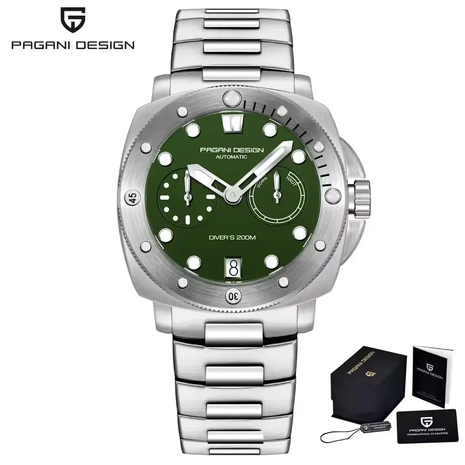 PAGANI DESIGN men's automatic diver watch with green dial, stainless steel bracelet, AR sapphire, 200M water resistant