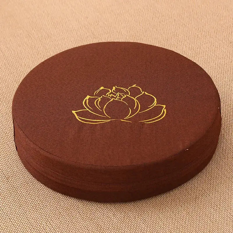 Round meditation cushion by Simples Market, brown linen with yellow lotus motif, removable washable cover