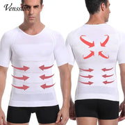 Men's white body shaper compression shirt by Venslim, waist-cinching panels, front and back views.