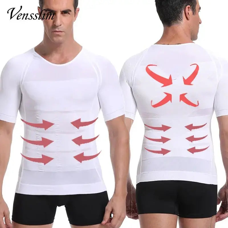 Men's white body shaper compression shirt by Venslim, waist-cinching panels, front and back views.