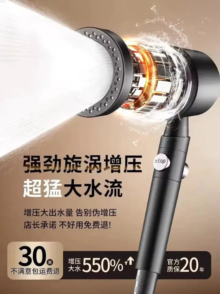 New 5-Mode Pressurized Shower Head with Filter, handheld black showerhead with stop button and strong water flow.